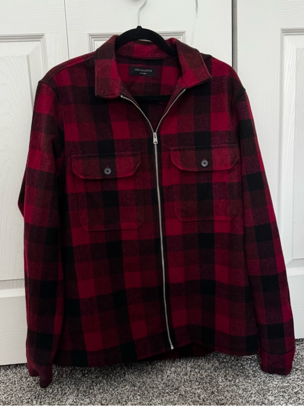 AllSaints Red and Black Plaid Zip-Up Jacket